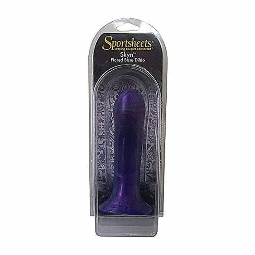 Consolador Sportsheets Skyn Flored Base Dildo Lila, silicona médica hipoalergénica, 10 modos de vibración, diseño ergonómico y carga USB para placer seguro y duradero.