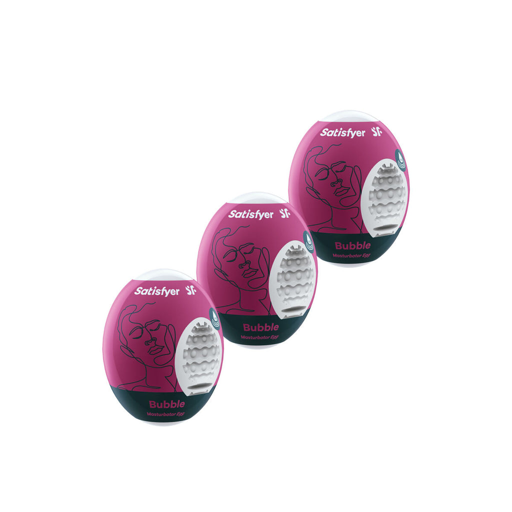 Huevo masturbador Satisfyer pack de 3 unidades, material suave y seguro, diseño ergonómico con diferentes texturas para una experiencia íntima personalizada.