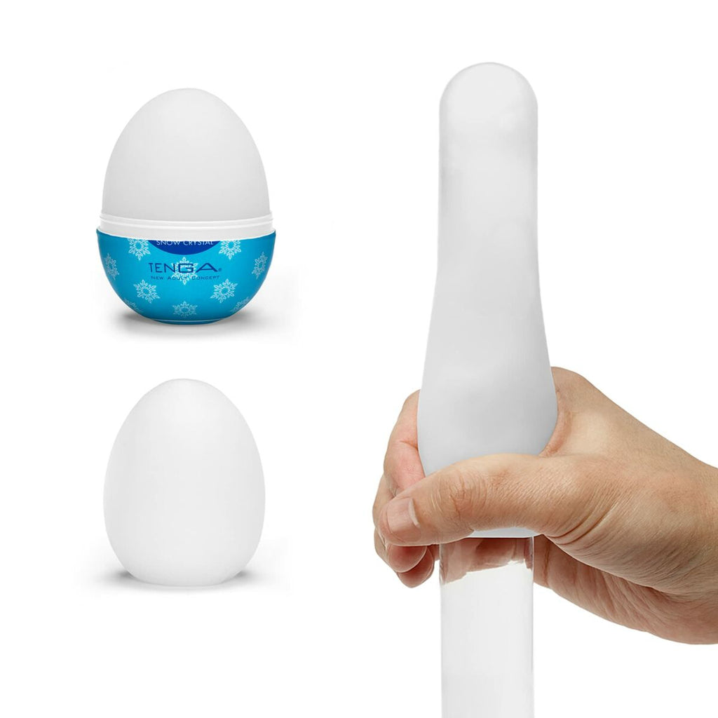 Huevo masturbador Tenga snow Crystal, material elástico adaptable, control de intensidad y diseño discreto y portátil para placer personalizado.