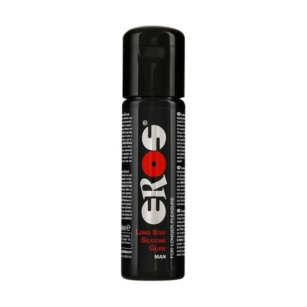 Lubricante de silicona Eros 100 ml, textura sedosa y duradera, compatible con preservativos y juguetes, fórmula hipoalergénica sin parabenos.