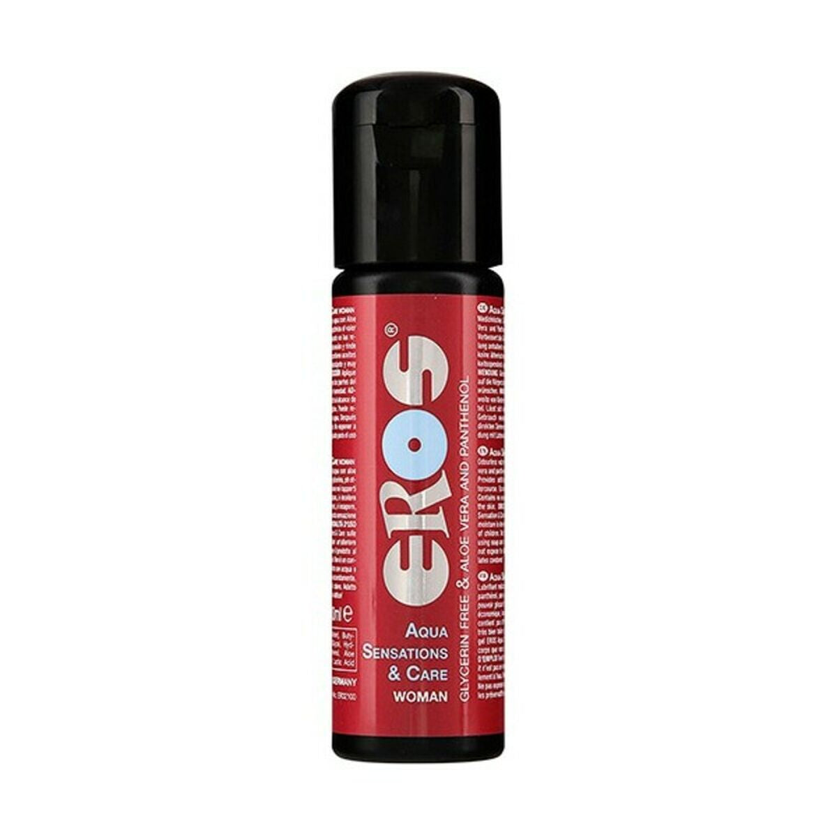 Lubricante Eros base de agua Sensations and woman care 100 ml, textura ligera y natural, libre de parabenos, compatible con juguetes y piel sensible, fácil de limpiar y discreto.