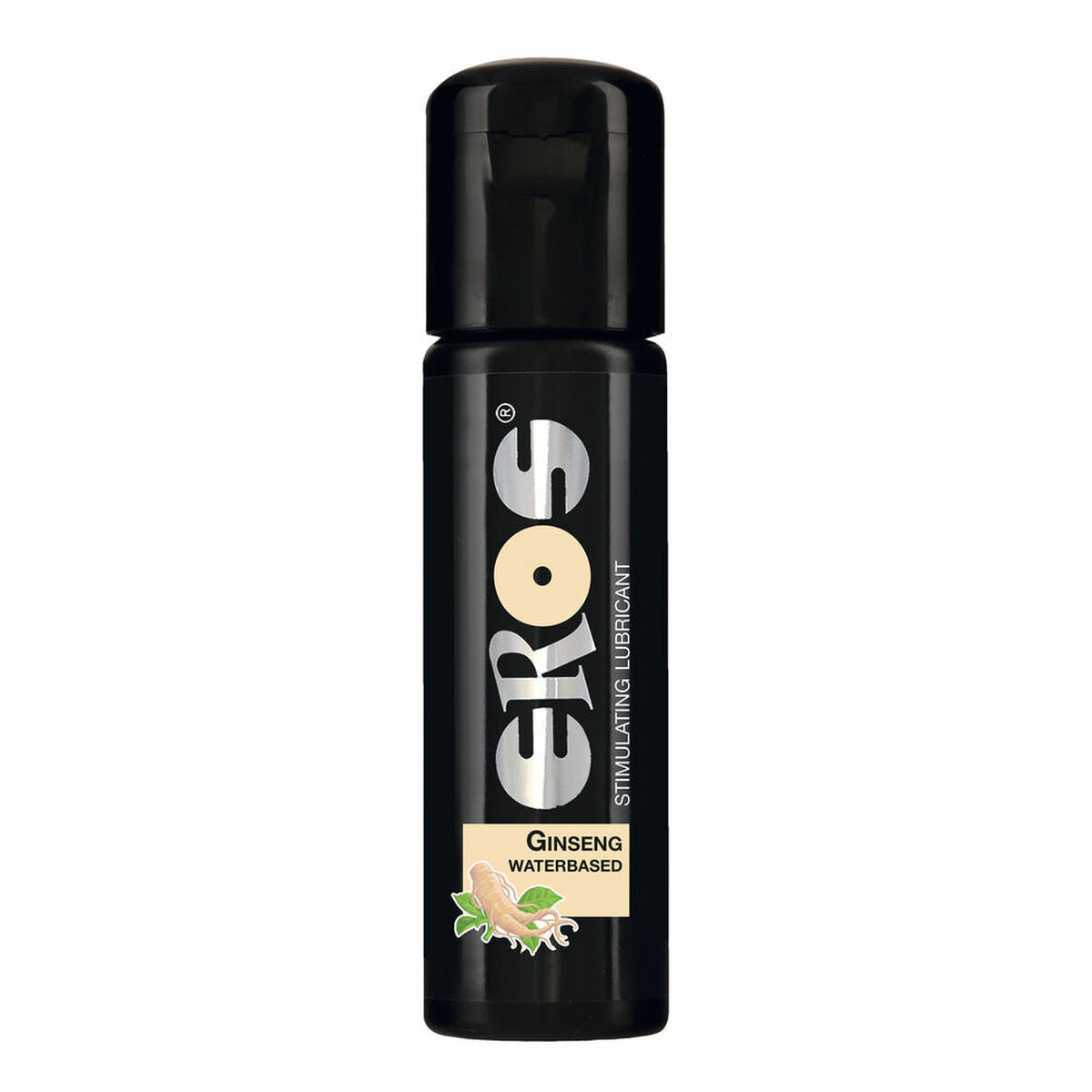 Lubricante Eros base de agua con ginseng, textura sedosa, efecto energizante y apto para piel sensible, compatible con preservativos y juguetes.