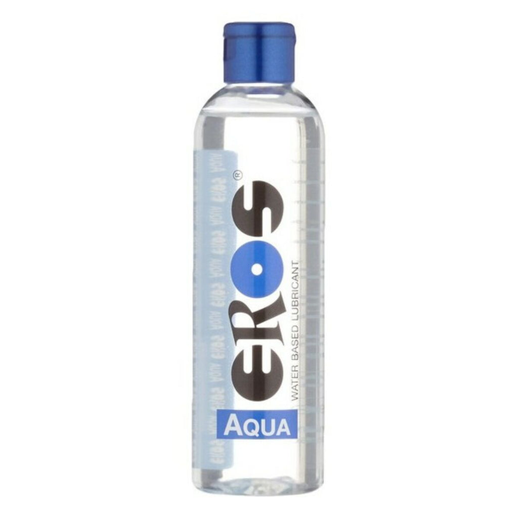 Lubricante Eros Aqua de base acuosa, textura ligera y duradera, compatible con preservativos y juguetes, ideal para una experiencia íntima segura y cómoda.