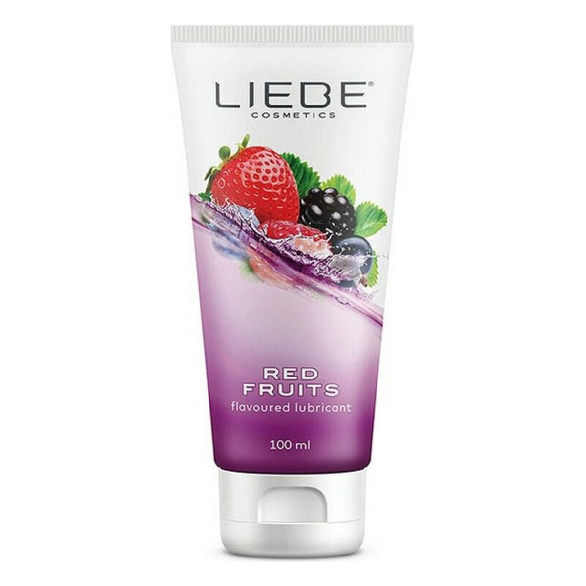 Lubricante Liebe Frutos Rojos 100 ml base de agua, textura sedosa y duradera, con aroma a frutos rojos, compatible con preservativos y juguetes eróticos.