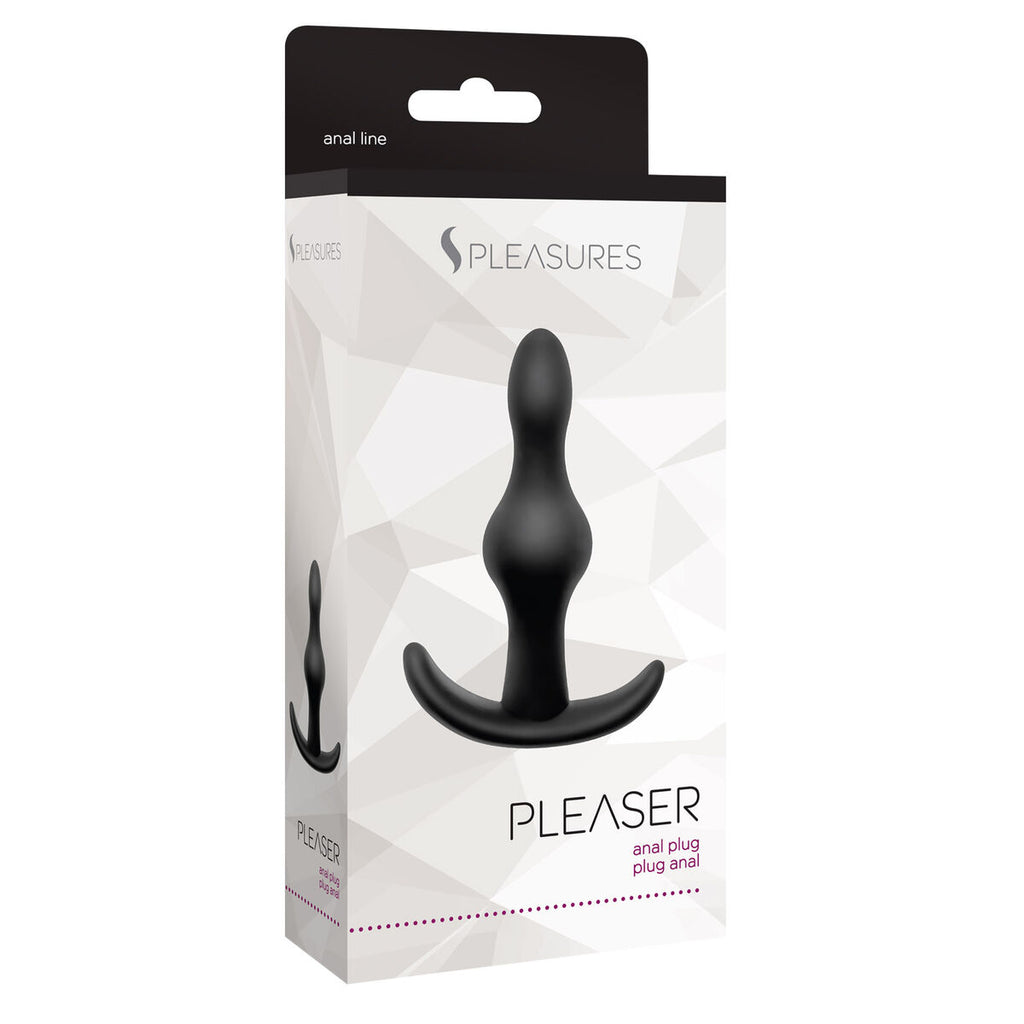 Plug anal S Pleasures negro de silicona suave, diseño cónico ergonómico de 7,5 cm, resistente al agua y fácil de limpiar.