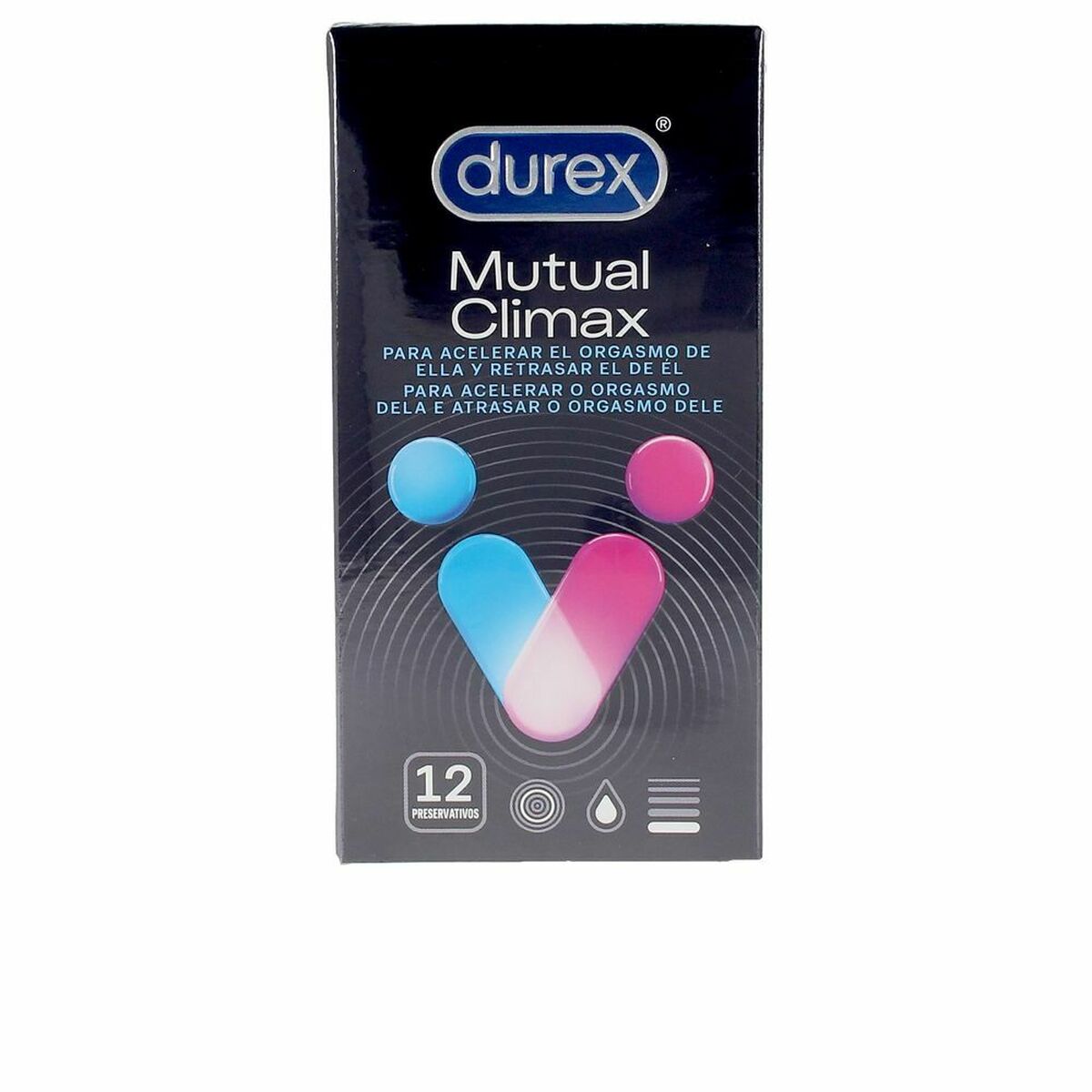 Preservativos Durex Mutual Climax pack de 12 unidades, diseño ergonómico y ajuste natural, fabricados en látex de alta calidad con máxima seguridad y discreción.
