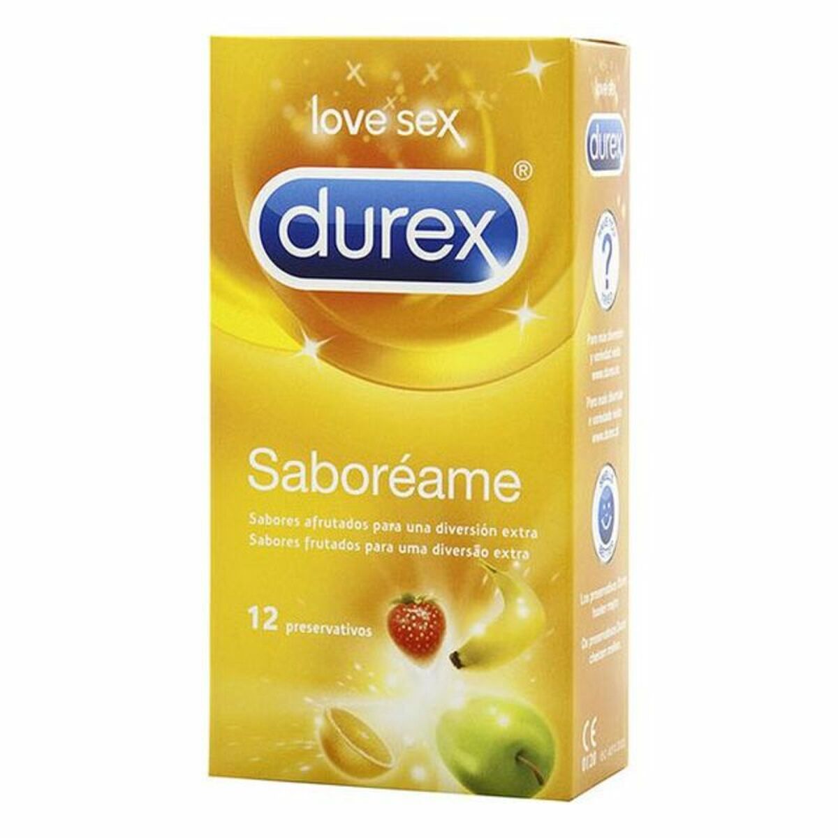 Preservativos Durex Saboréame Frutas de látex natural con sabores fresa manzana y naranja caja de 12 unidades