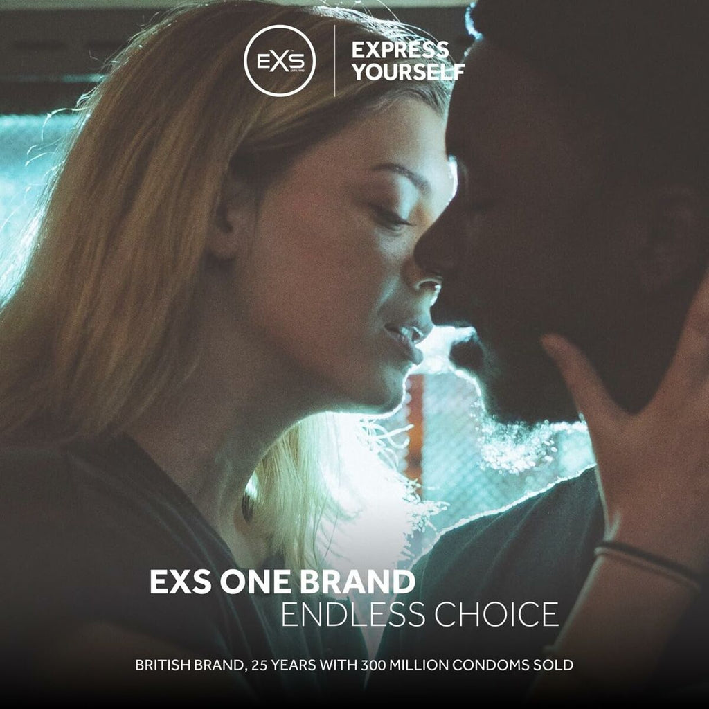 Preservativos EXS veganos, transparentes y de látex premium con depósito, caja de 24 unidades para protección segura y placentera.