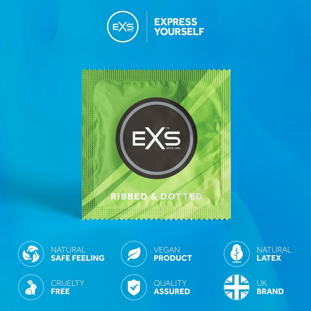 Preservativos EXS Ribbed con costillas estimulantes, látex premium y diseño ecológico sin productos animales, caja de 12 unidades.