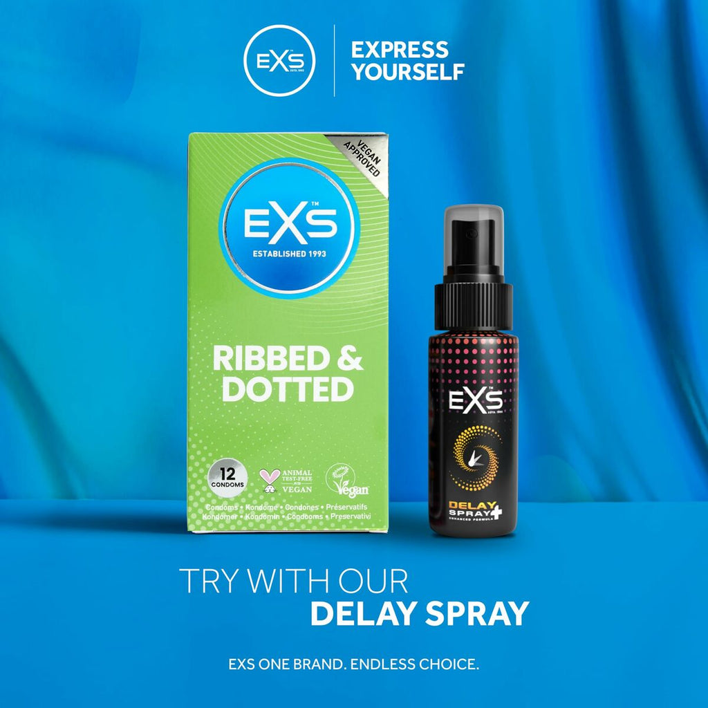 Preservativos EXS Ribbed con costillas estimulantes, látex premium y diseño ecológico sin productos animales, caja de 12 unidades.