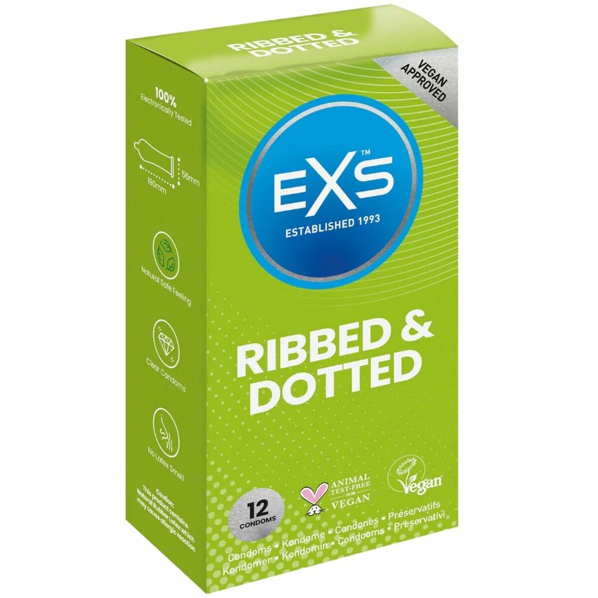 Preservativos EXS Ribbed con costillas estimulantes, látex premium y diseño ecológico sin productos animales, caja de 12 unidades.