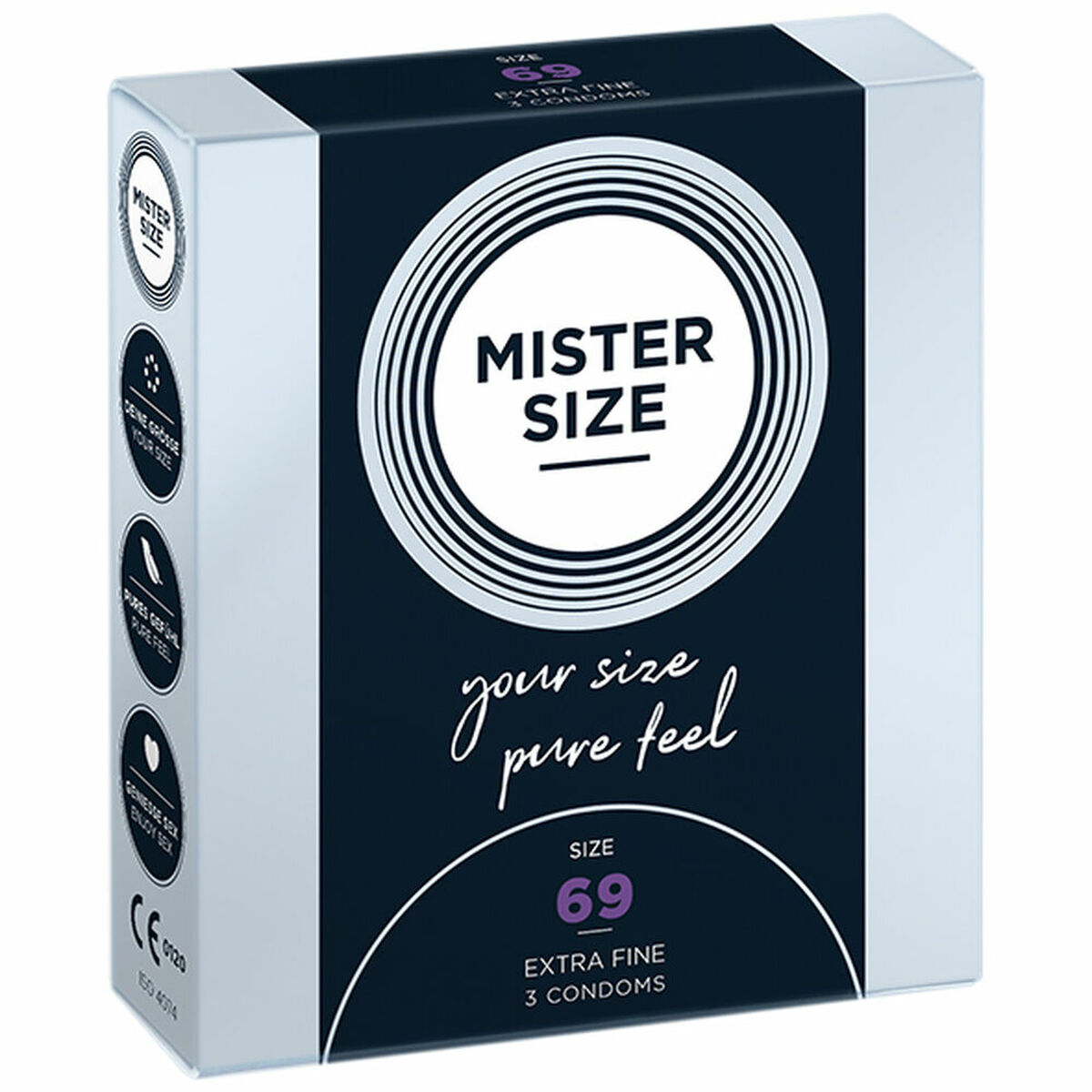 Preservativos extrafinos Mister Size talla 69 mm en látex transparente, máximo confort y sensibilidad para tallas grandes
