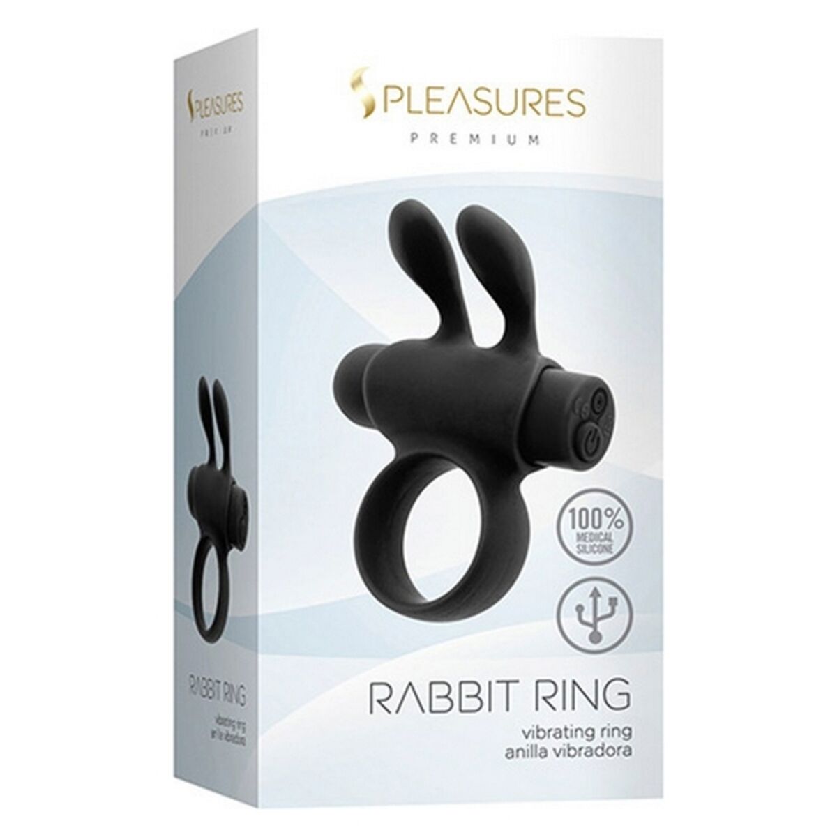  Anillo vibrador negro S Pleasures Rabbit con orejas estimuladoras y 5 niveles de vibración para placer en pareja