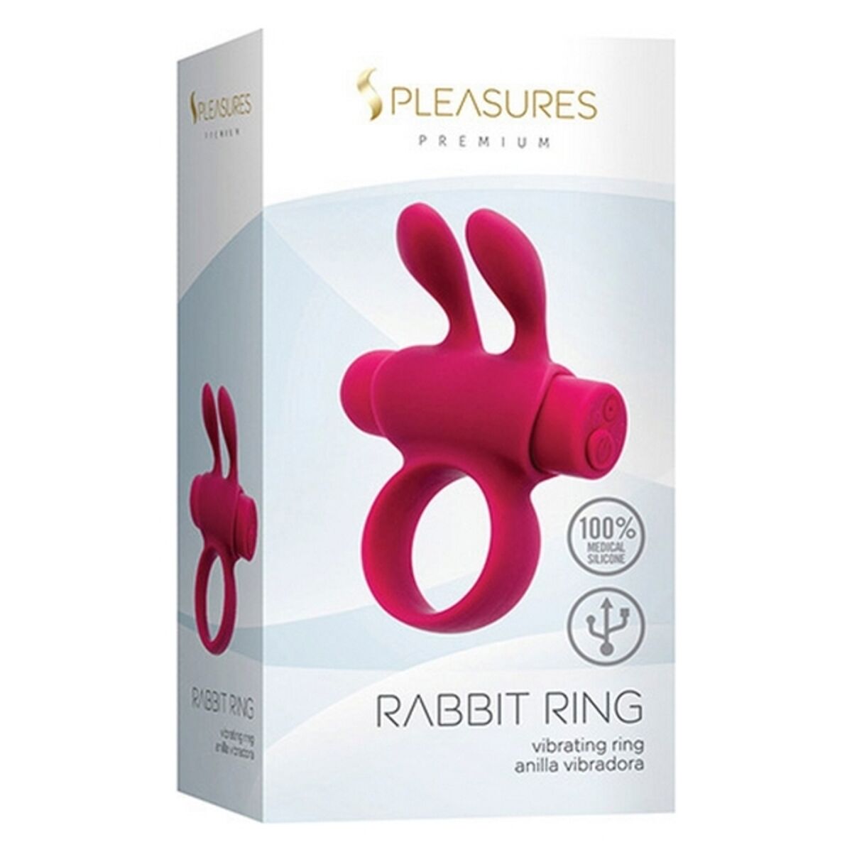 Anillo vibrador rosa S Pleasures Rabbit con forma de conejo, 5 modos de vibración, estimulación clitoriana y peneana