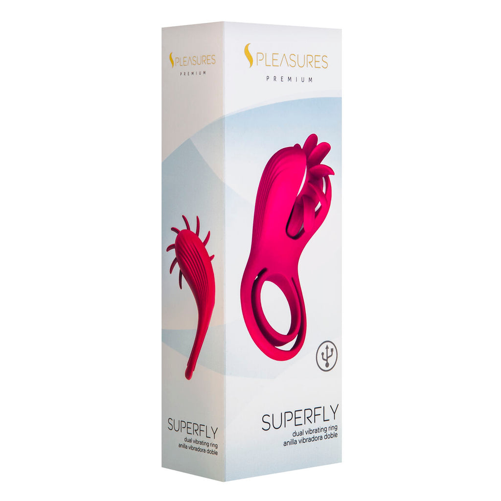 Anillo vibrador S Pleasures SuperFly rosa con doble estimulación, recargable y sumergible para placer íntimo en pareja