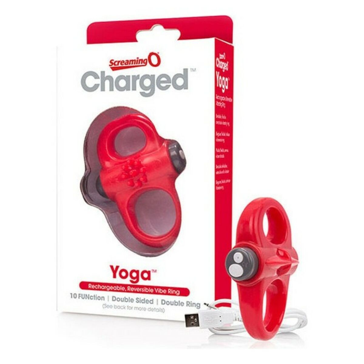 Anillo vibrador Charged Yoga rojo de The Screaming O con 10 modos de vibración, reversible y recargable, estimulación para parejas